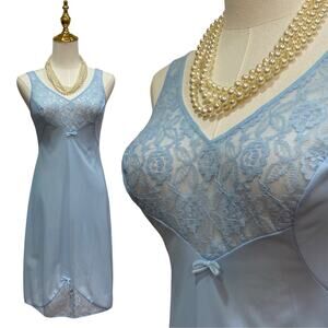 Vintage 60s Germany Blue Nylon Lacy Full Slip Dress Women’s Size S/34 Bust